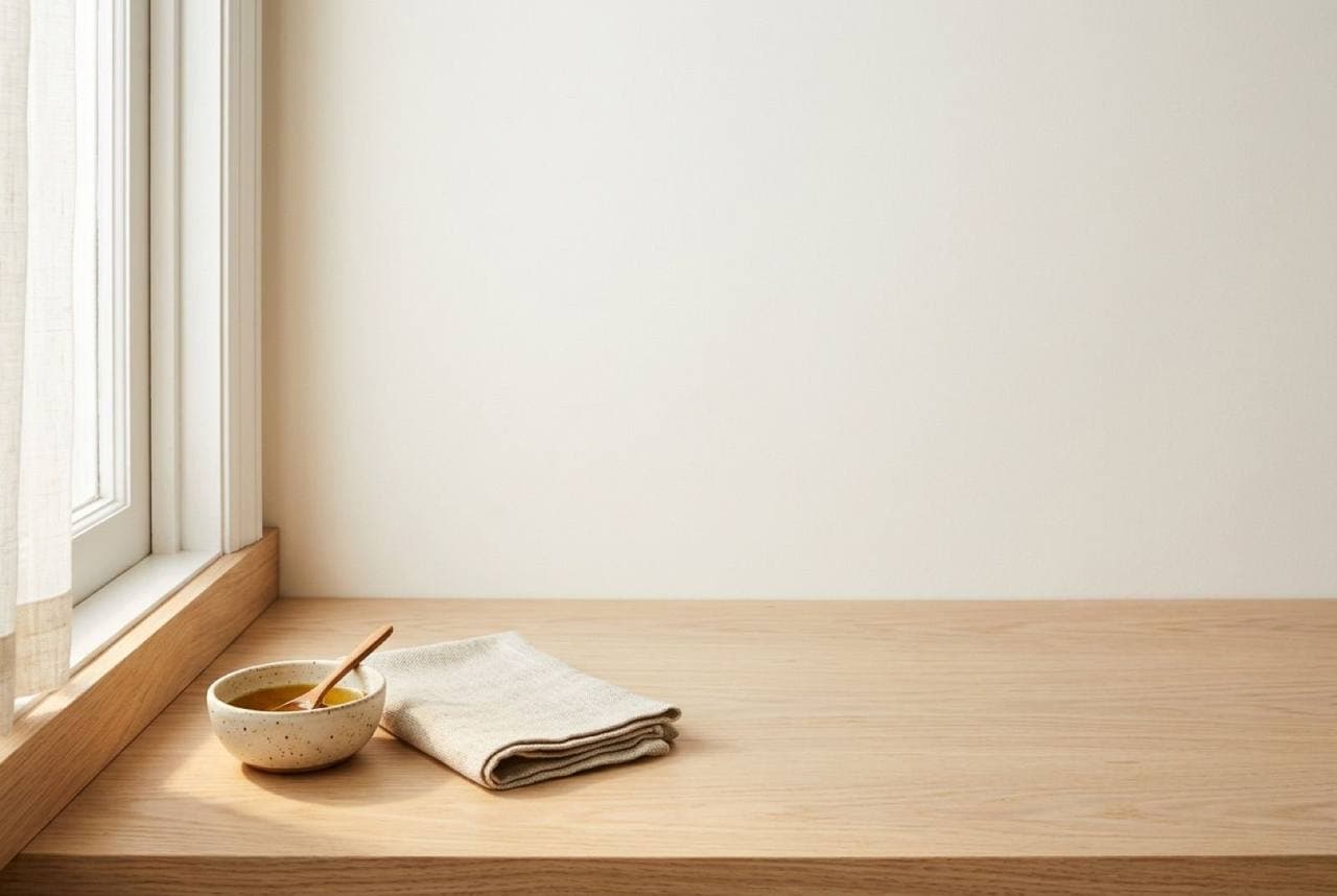 Minimal kitchen worktop with clean styling and warm light