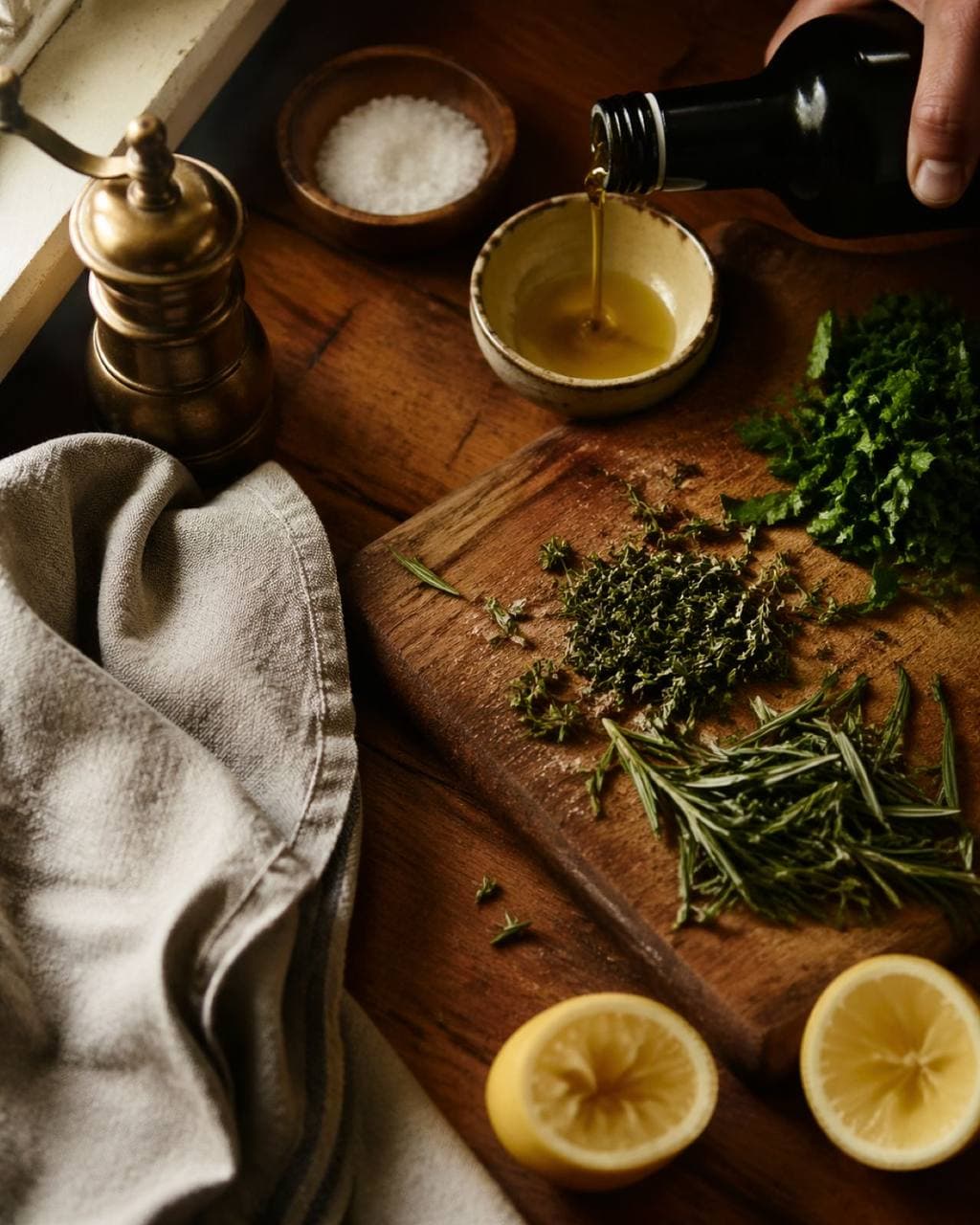 Warm overhead kitchen scene with chopped herbs, lemon, and olive oil on a wooden board